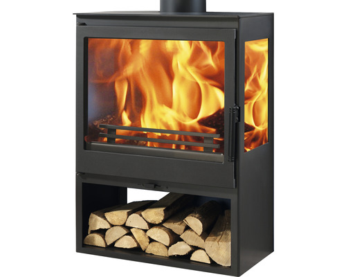 Estufa de leña Panadero Ambar de acero negro de 7,1 kW con compartimento para leña